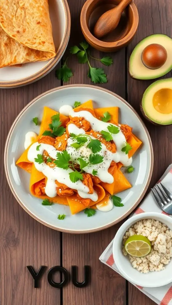 A plate of Butter Chicken Chilaquiles topped with sour cream, cilantro, and avocado, served with tortilla chips.