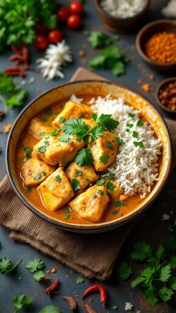 A bowl of Cambodian Fish Amok served with rice and garnished with herbs.