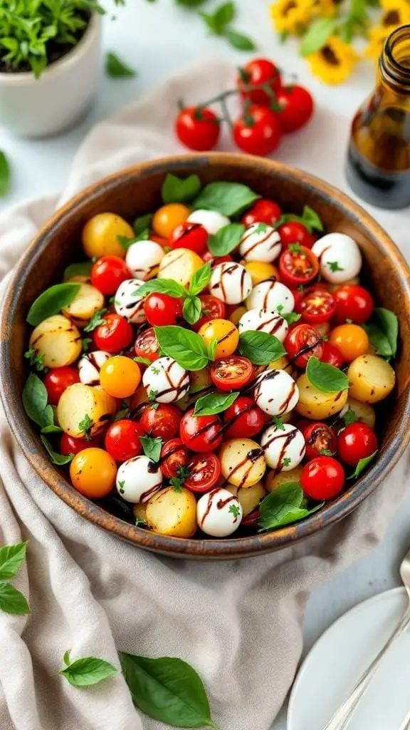 A bowl of Caprese Potato Salad with cherry tomatoes, mozzarella balls, and fresh basil.