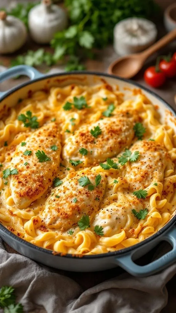 A delicious cheesy chicken alfredo bake with pasta and garnished with parsley.
