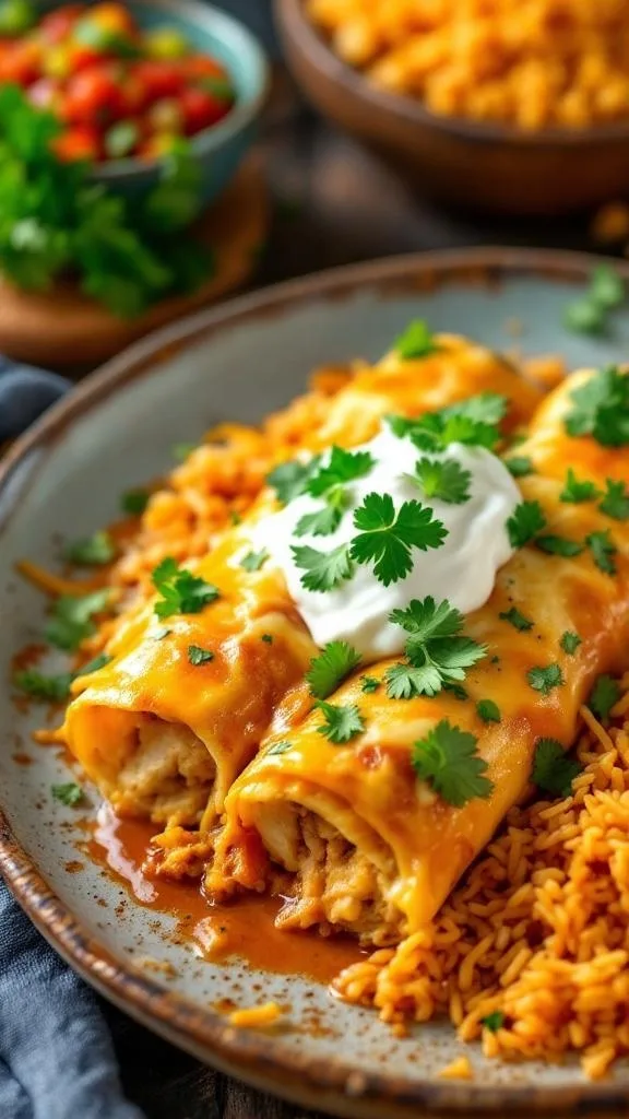 A plate of cheesy chicken enchiladas topped with cilantro and sour cream, served with rice.
