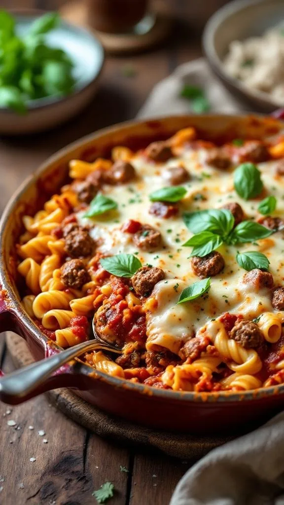 A delicious serving of Cheesy Italian Sausage Baked Ziti topped with fresh basil.