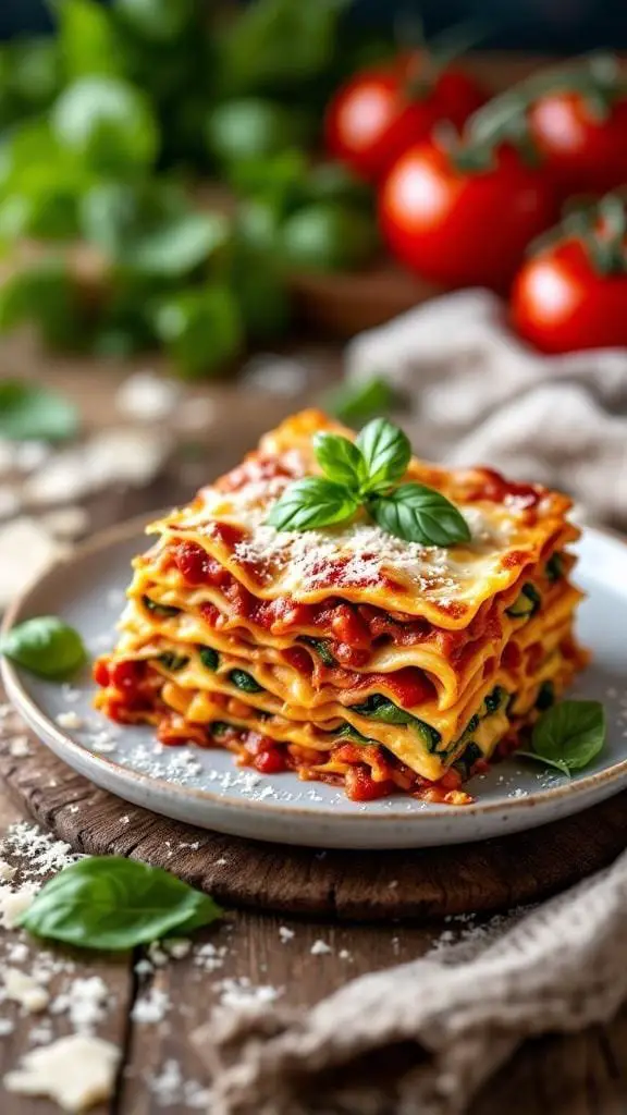 A plate of cheesy Italian vegetarian lasagna with fresh basil on top