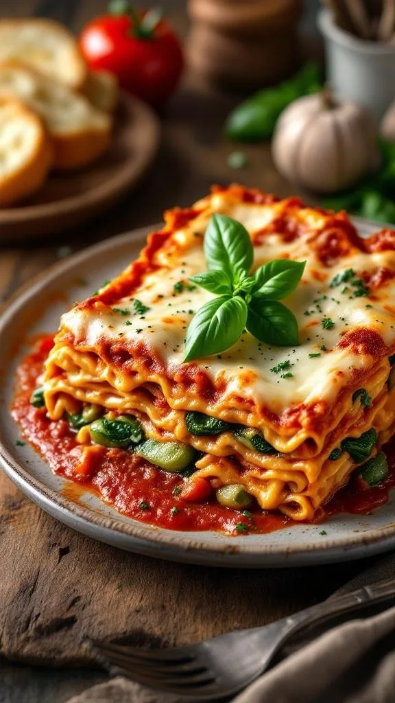 A delicious serving of cheesy vegetarian lasagna with fresh basil on top, surrounded by garlic and tomatoes.