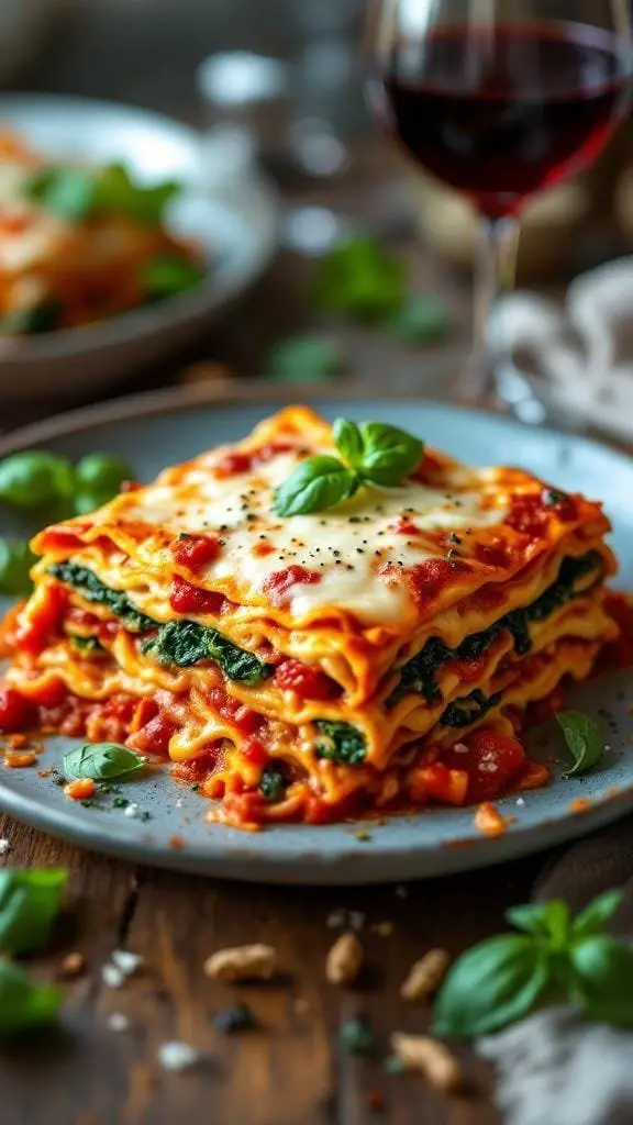 A plate of cheesy Italian vegetarian lasagna with fresh basil on top, served with a glass of red wine.