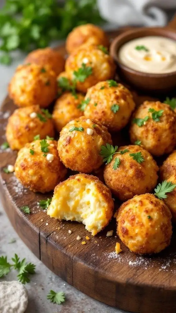 A plate of cheesy loaded mashed potato balls garnished with parsley and served with a dipping sauce.