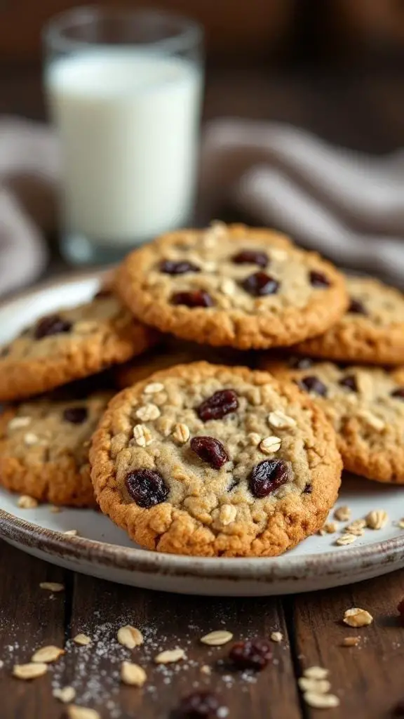 Chewy oatmeal raisin cookies on a plate with a glass of milk
