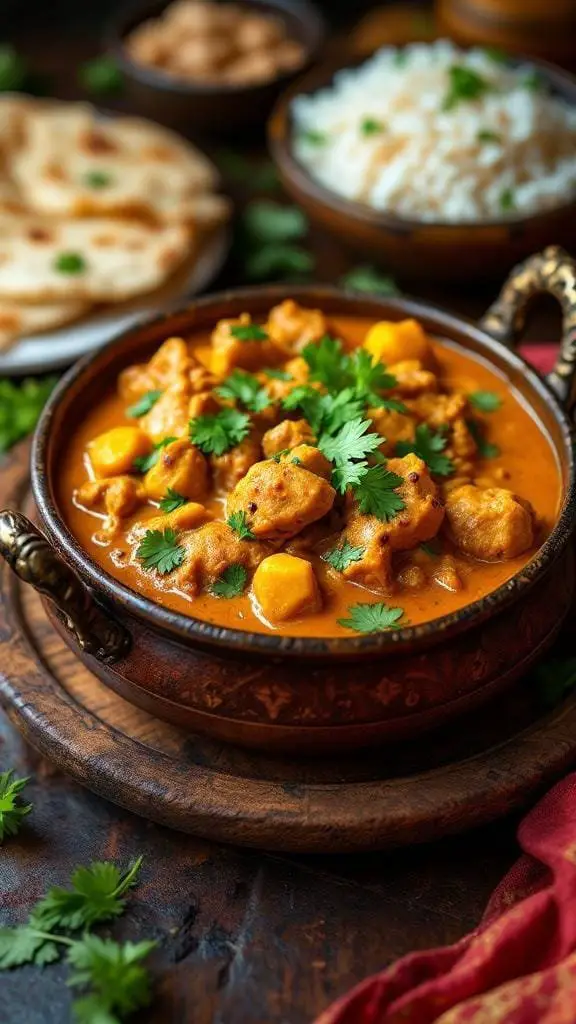 A bowl of Chicken Dhansak garnished with cilantro, served with rice and naan.