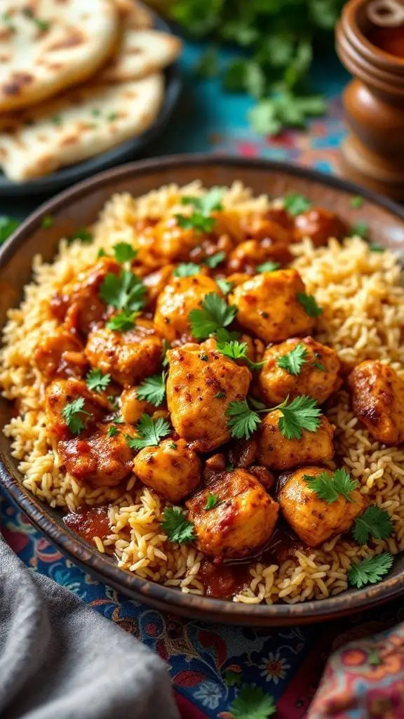 A bowl of Chicken Dopiaza served with rice and garnished with fresh cilantro.