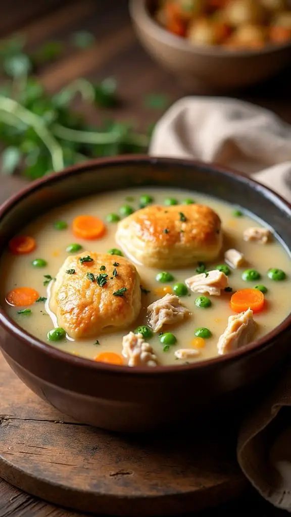 A bowl of Chicken Pot Pie Soup with biscuits, carrots, peas, and herbs.