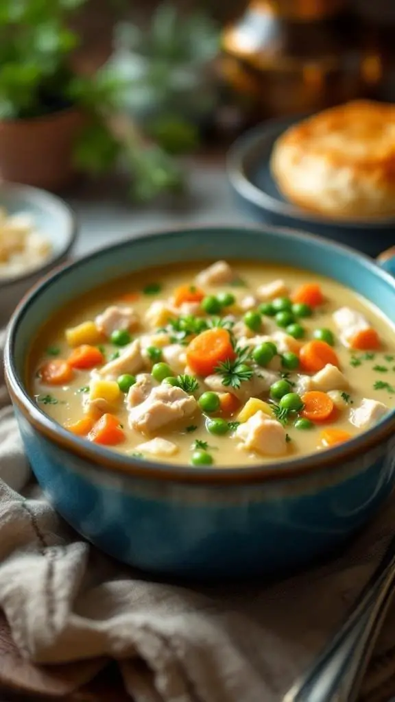 A bowl of Chicken Pot Pie Soup with vegetables and chicken, garnished with parsley.