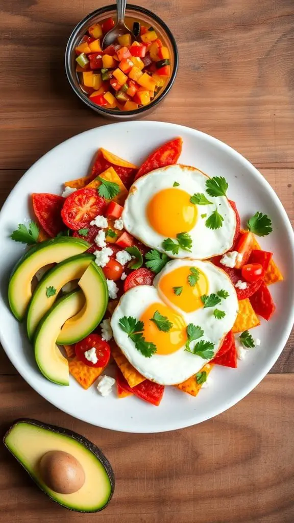 A plate of Chilaquiles Rojos with eggs, avocado, and fresh toppings.