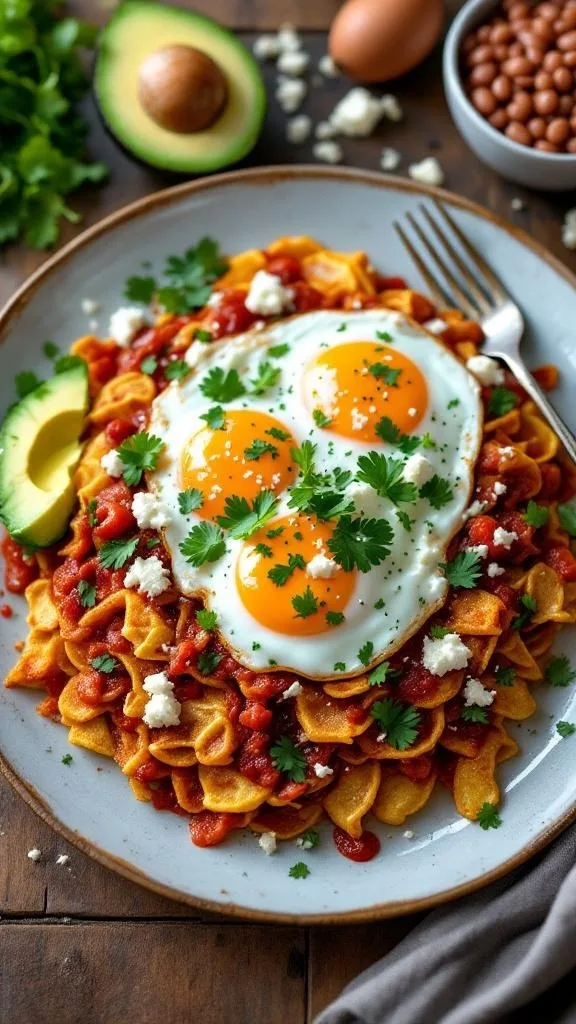 A plate of Chilaquiles Rojos topped with eggs, cheese, and herbs.