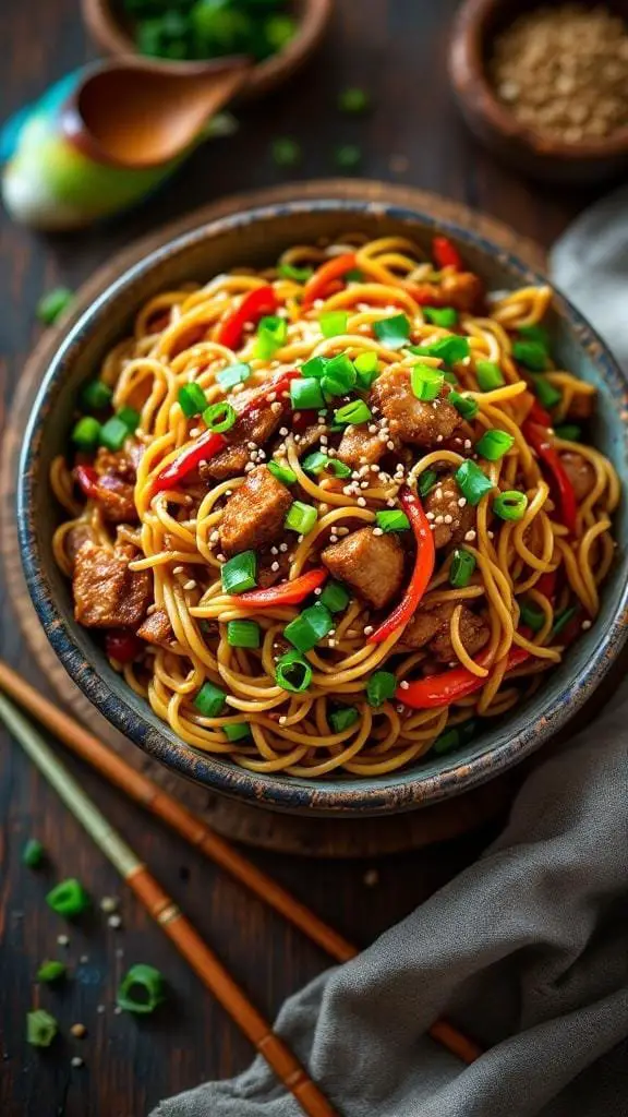 A bowl of Chinese Pork Lo Mein with noodles, pork, and vegetables.