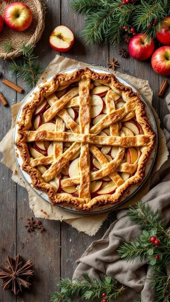 A beautifully baked classic apple pie with a lattice crust, surrounded by fresh apples and festive decorations.