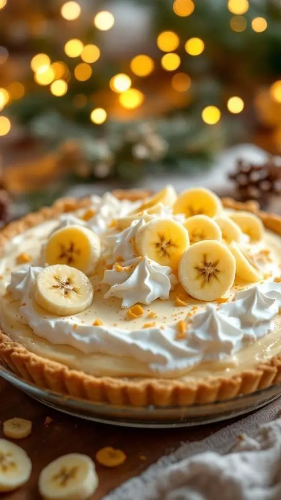A beautifully decorated banana cream pie topped with banana slices and whipped cream, set against a festive background.
