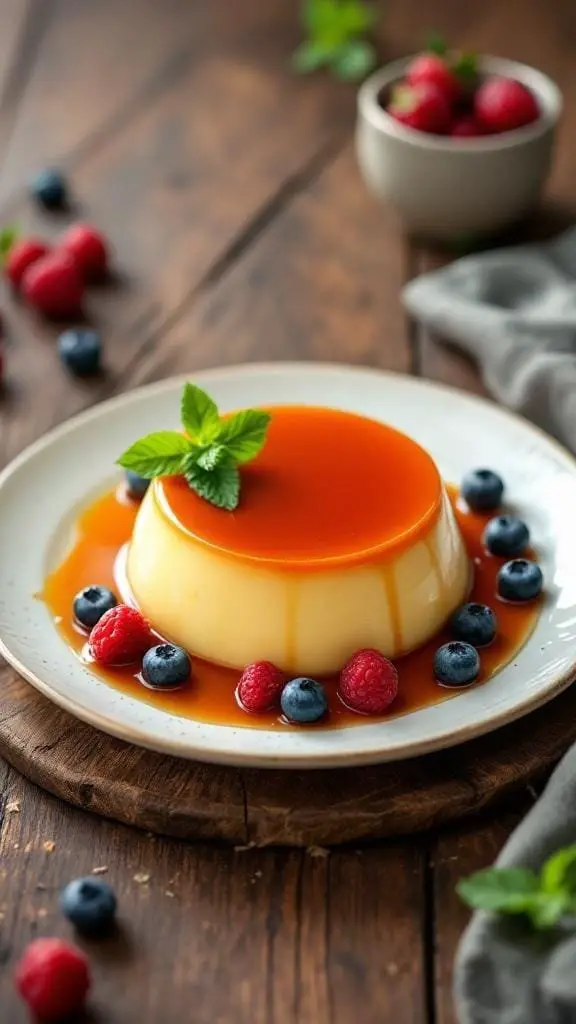 A beautifully plated caramel flan topped with fresh berries and mint leaves.