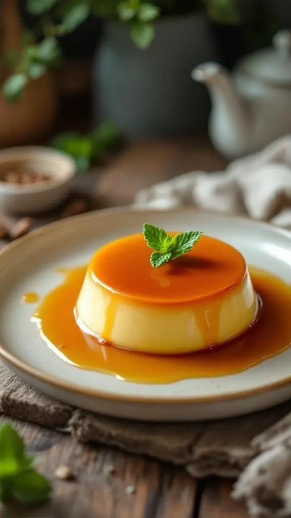 A beautifully plated classic caramel flan topped with a mint leaf and surrounded by caramel sauce.