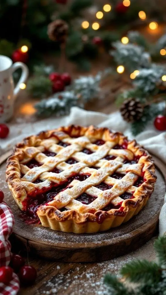 A beautifully baked cherry pie with a lattice crust, surrounded by festive decorations.