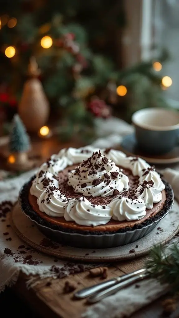 A delicious chocolate cream pie topped with whipped cream and chocolate shavings, set against a festive background.