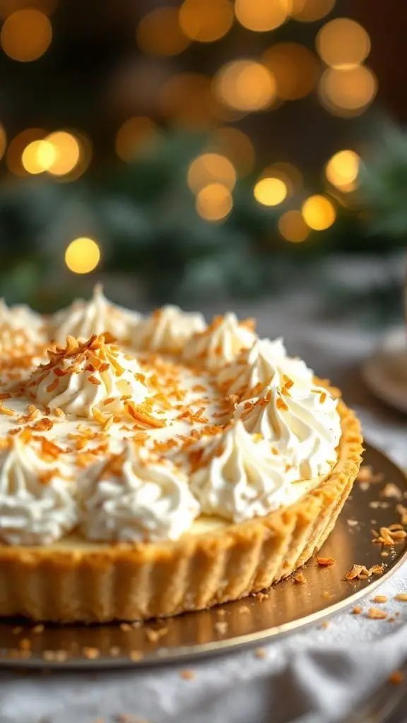 Classic Coconut Cream Pie with whipped cream and toasted coconut flakes on top