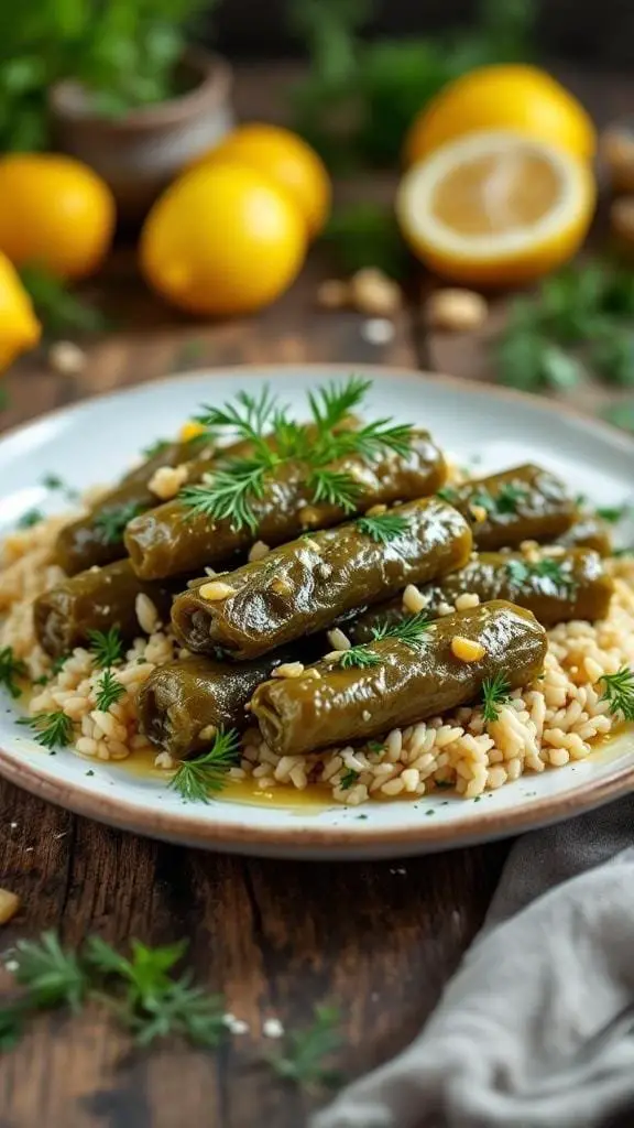 A plate of dolmades served over rice with lemon and herbs