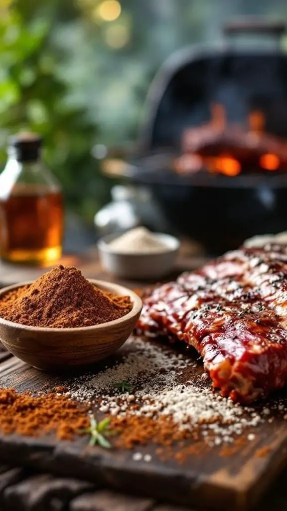 A bowl of dry rub spices next to deliciously glazed ribs on a wooden cutting board, with a grill in the background.