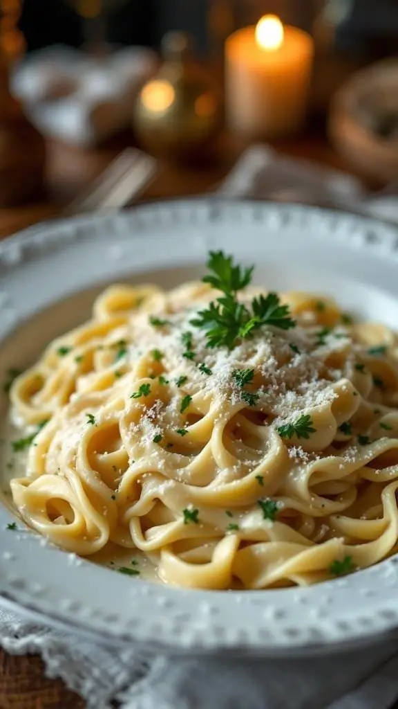A plate of fettuccine alfredo garnished with parsley and grated cheese.