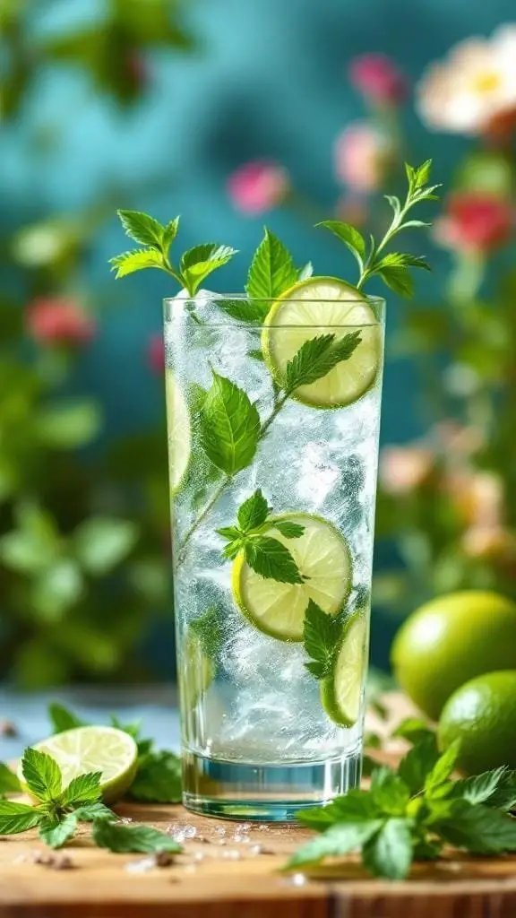 A refreshing gin and tonic with lime and mint garnishes