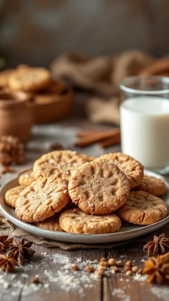 A plate of classic ginger snaps cookies with a glass of milk