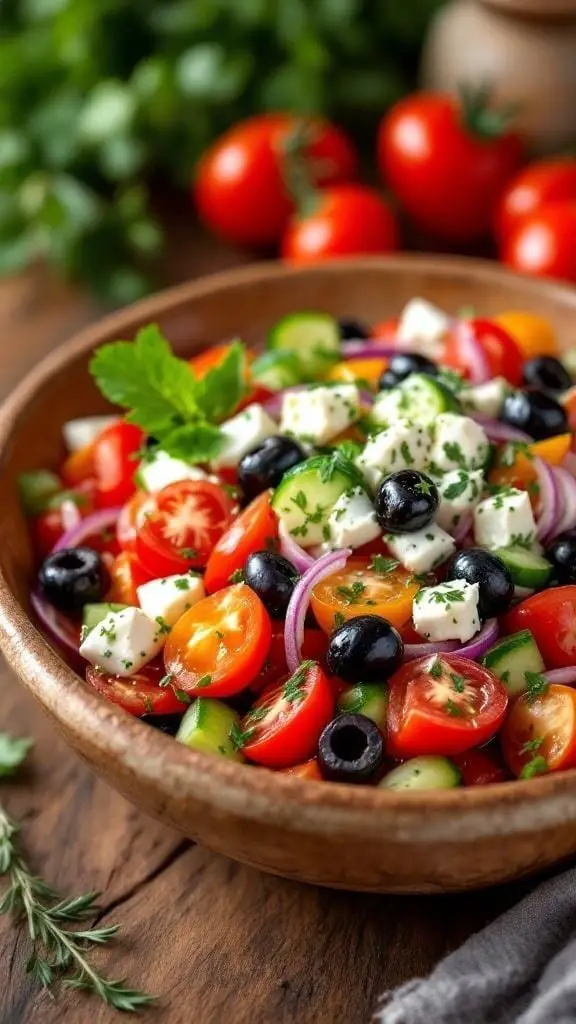 A bowl of classic Greek salad with tomatoes, cucumbers, olives, and feta cheese.