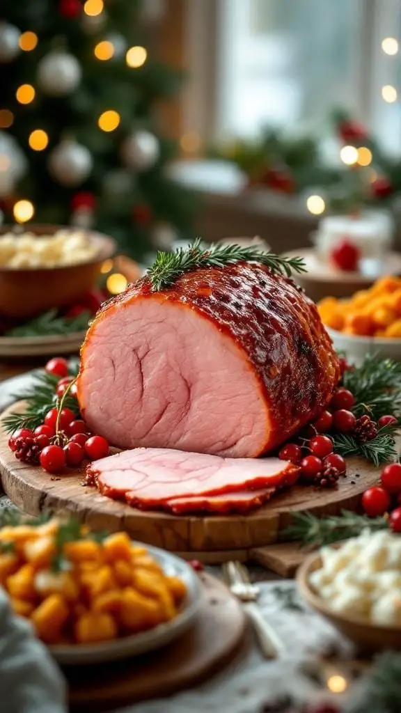 A beautifully glazed holiday ham on a wooden platter, surrounded by festive decorations and side dishes.