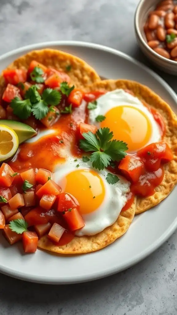 A plate of classic huevos rancheros with eggs, salsa, and fresh ingredients.