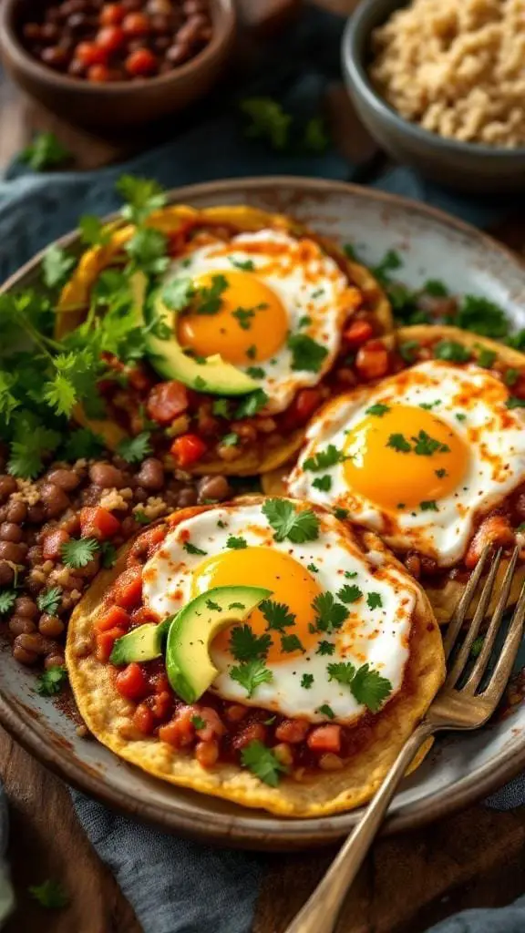 A plate of huevos rancheros with eggs, tortillas, and toppings