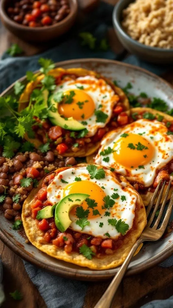 A plate of huevos rancheros with eggs, tortillas, and toppings