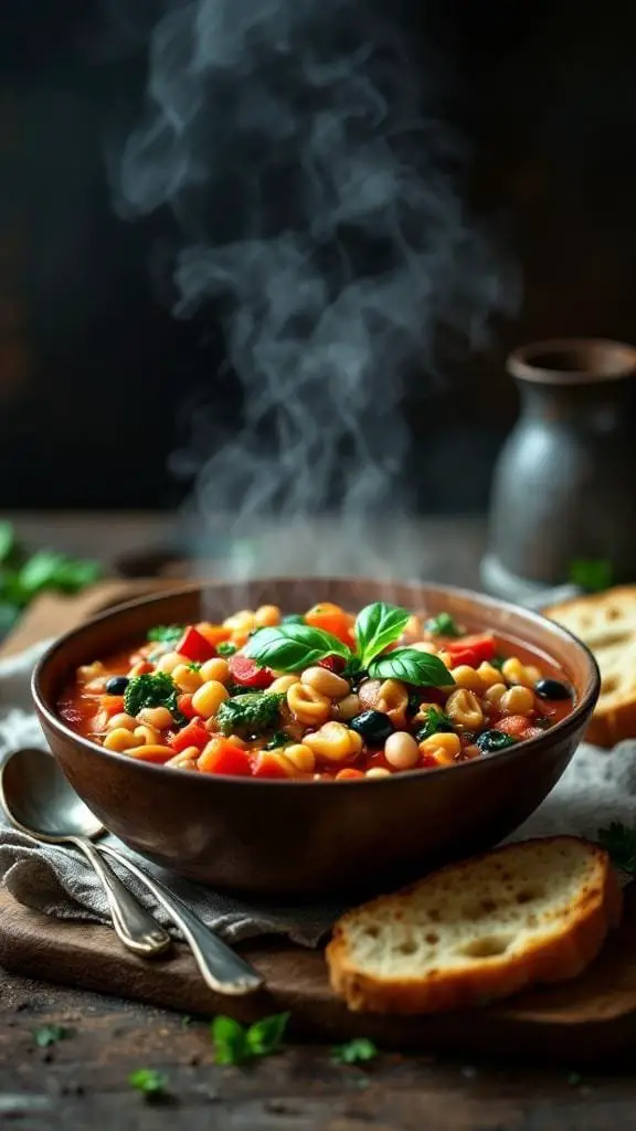 A bowl of steaming minestrone soup with vegetables and bread on the side