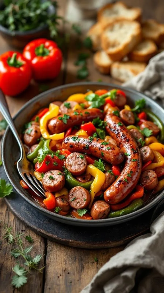 A plate of Italian sausage and peppers with colorful bell peppers and herbs.
