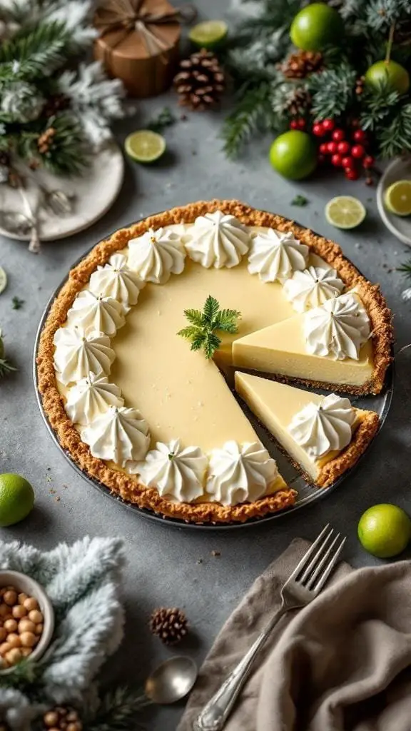 A beautifully decorated key lime pie with whipped cream and lime slices