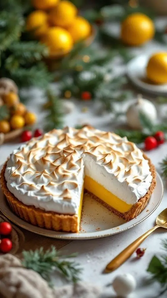 A beautifully presented classic lemon meringue pie with a slice cut out, surrounded by festive decorations.