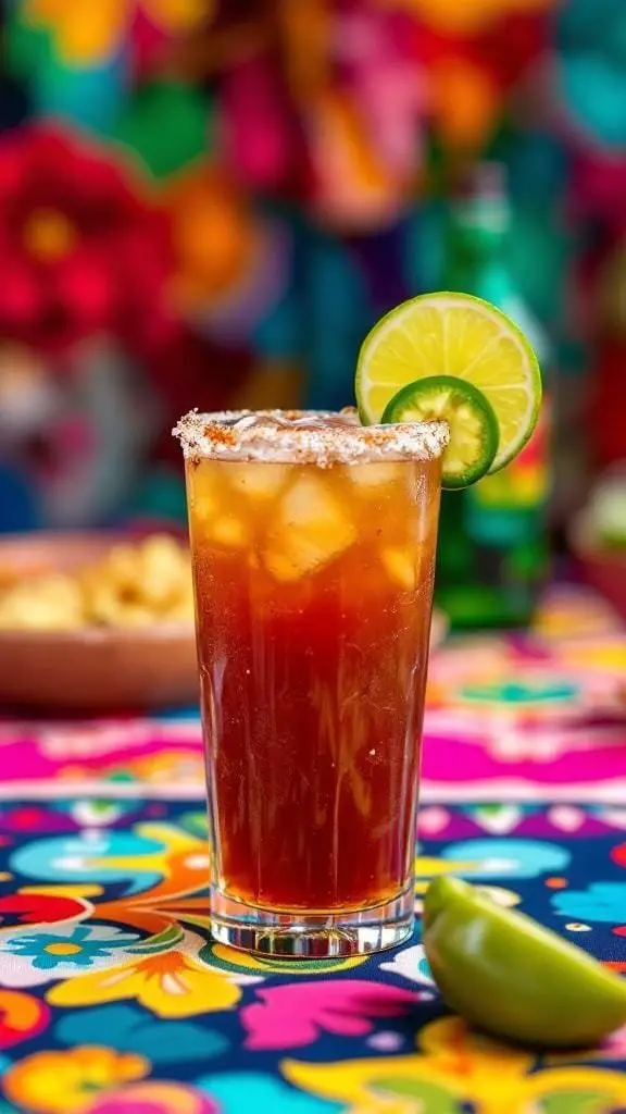 A refreshing Classic Michelada cocktail served in a tall glass with lime and jalapeño garnish.