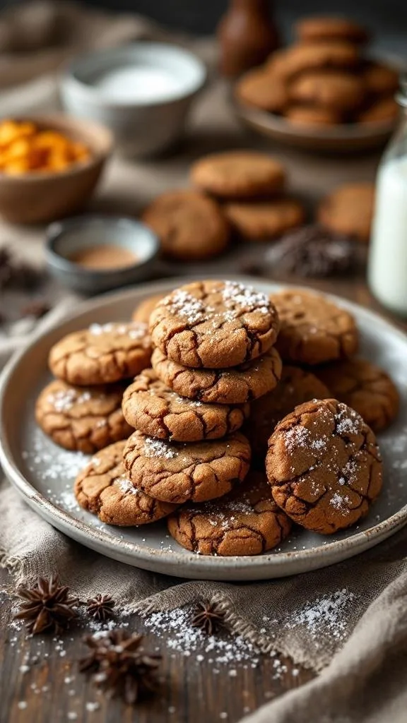 A plate of classic molasses cookies dusted with powdered sugar, surrounded by spices and ingredients.