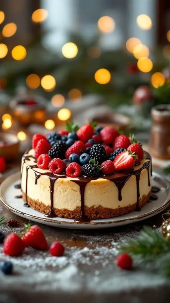A classic New York style cheesecake topped with fresh berries and chocolate drizzle, set against a festive background.