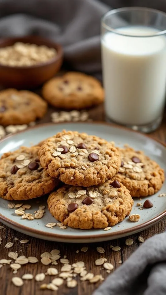 Plate of classic oatmeal cookies with chocolate chips and a glass of milk