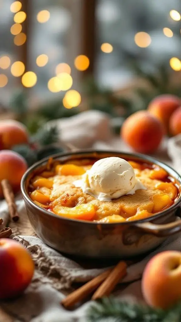 A bowl of peach cobbler topped with ice cream, surrounded by fresh peaches and cinnamon sticks.