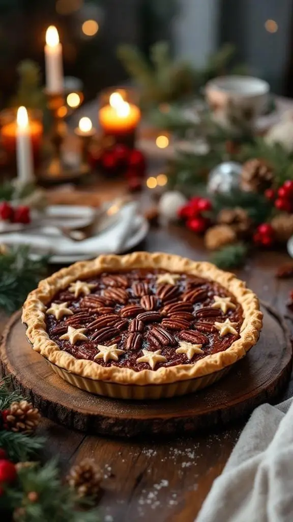 A beautifully decorated pecan pie on a wooden board surrounded by festive decorations.