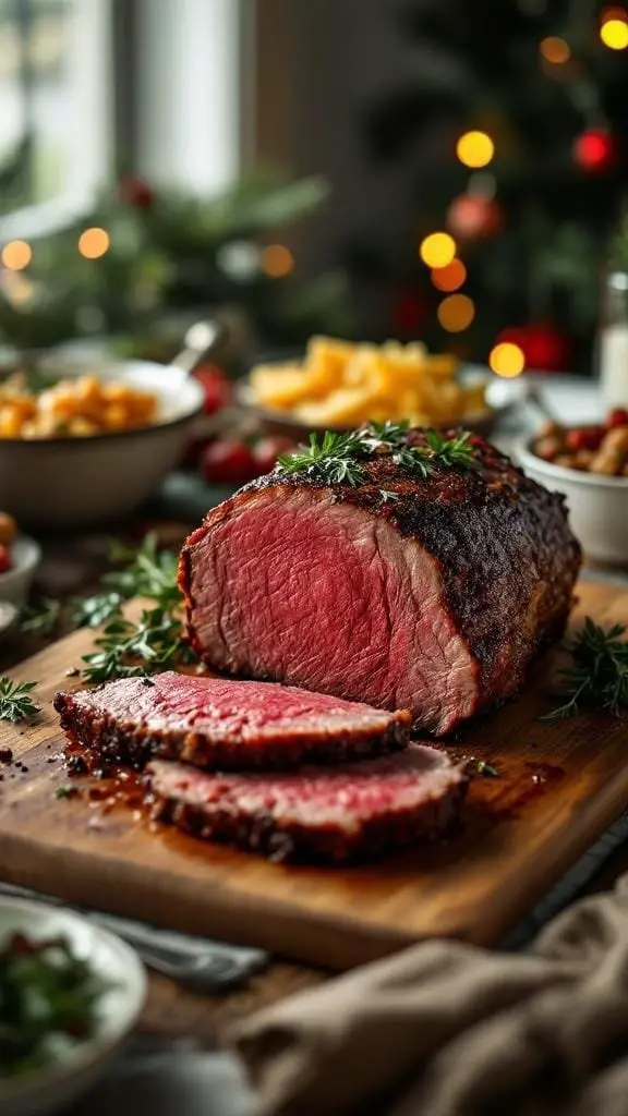 A beautifully cooked prime rib roast on a wooden cutting board, garnished with herbs, with festive decorations in the background.