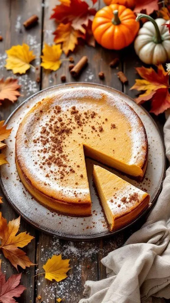 A delicious pumpkin cheesecake with a slice cut out, surrounded by autumn leaves and pumpkins.