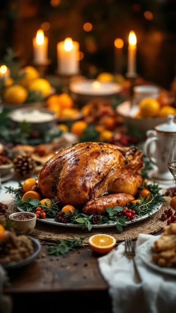 A beautifully roasted turkey surrounded by festive decorations and candles.