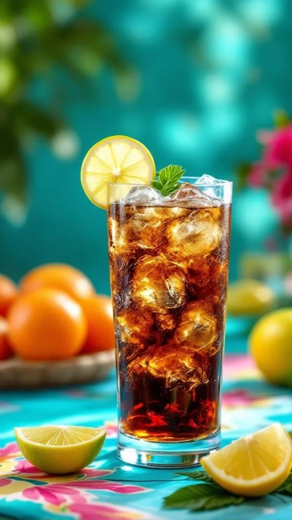 A refreshing glass of Rum and Coke with lemon slices and ice