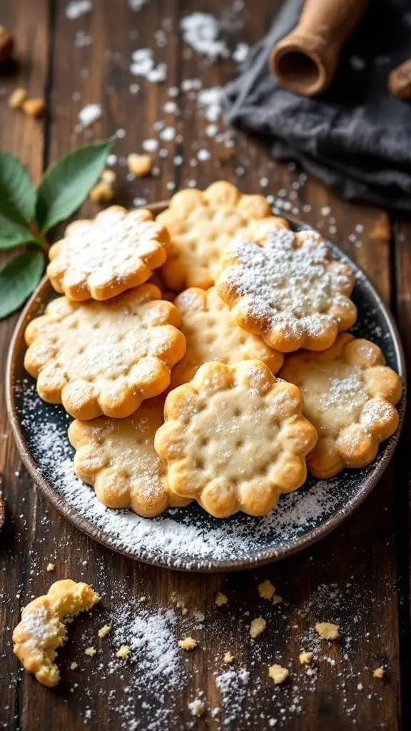 A plate of classic shortbread cookies dusted with powdered sugar